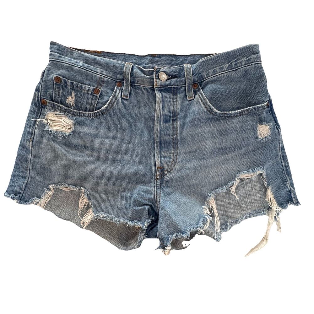 Levi Womens 501 Distressed Cutoff Denim Short Size 28 Blue‎ Button Fly Festival
